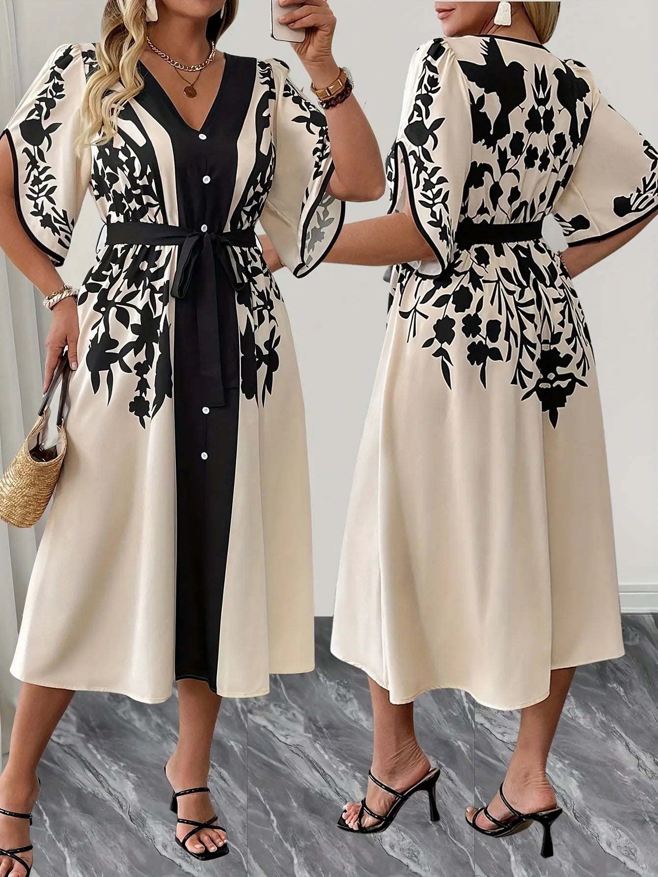 Floral Resort Dress for Women – Chic Summer Midi Dress with Tie-Belt Waist, Lightweight Vacation Outfit - TARHUS