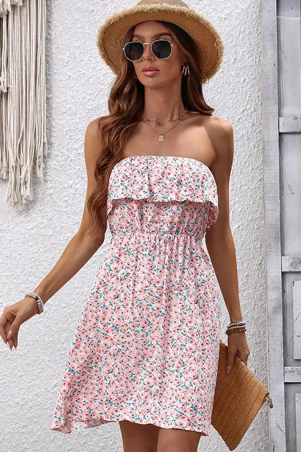 Fahsion Floral Bandeau Ruffle Casual Dress - TARHUS