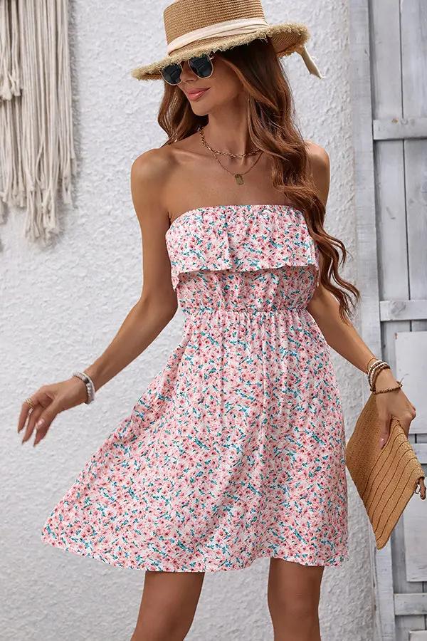 Fahsion Floral Bandeau Ruffle Casual Dress - TARHUS