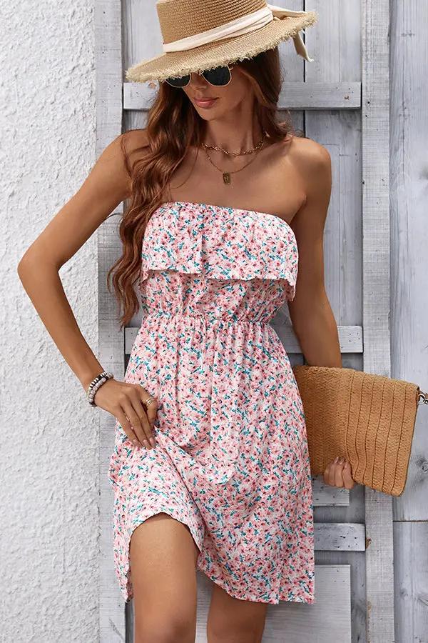 Fahsion Floral Bandeau Ruffle Casual Dress - TARHUS