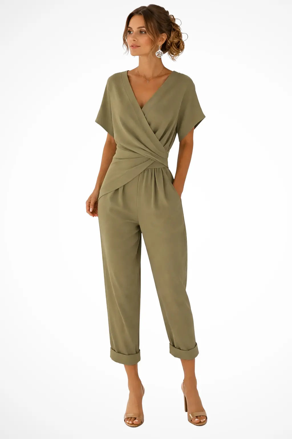 Celeste | Women Wrap Front Short Sleeve Cropped Jumpsuit with Pockets TARHUS  Kleider & Jumpsuits
