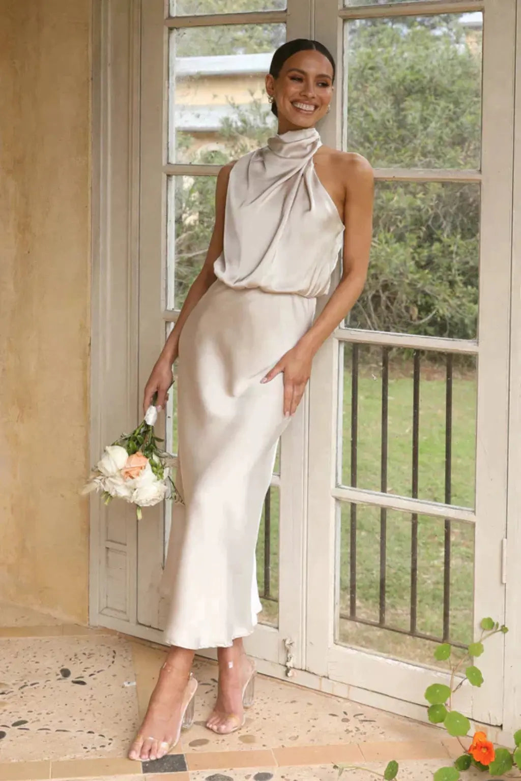 Amelina | Women Halter Neck Midi Dress Satin Wedding Guest Dress TARHUS