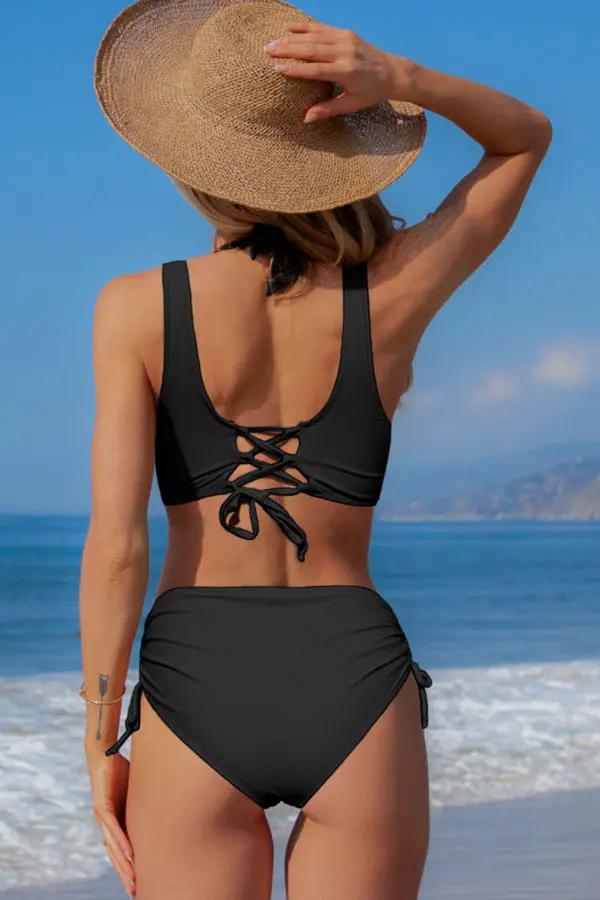 Black Twist Front Drawstring Side Bikini Set - TARHUS