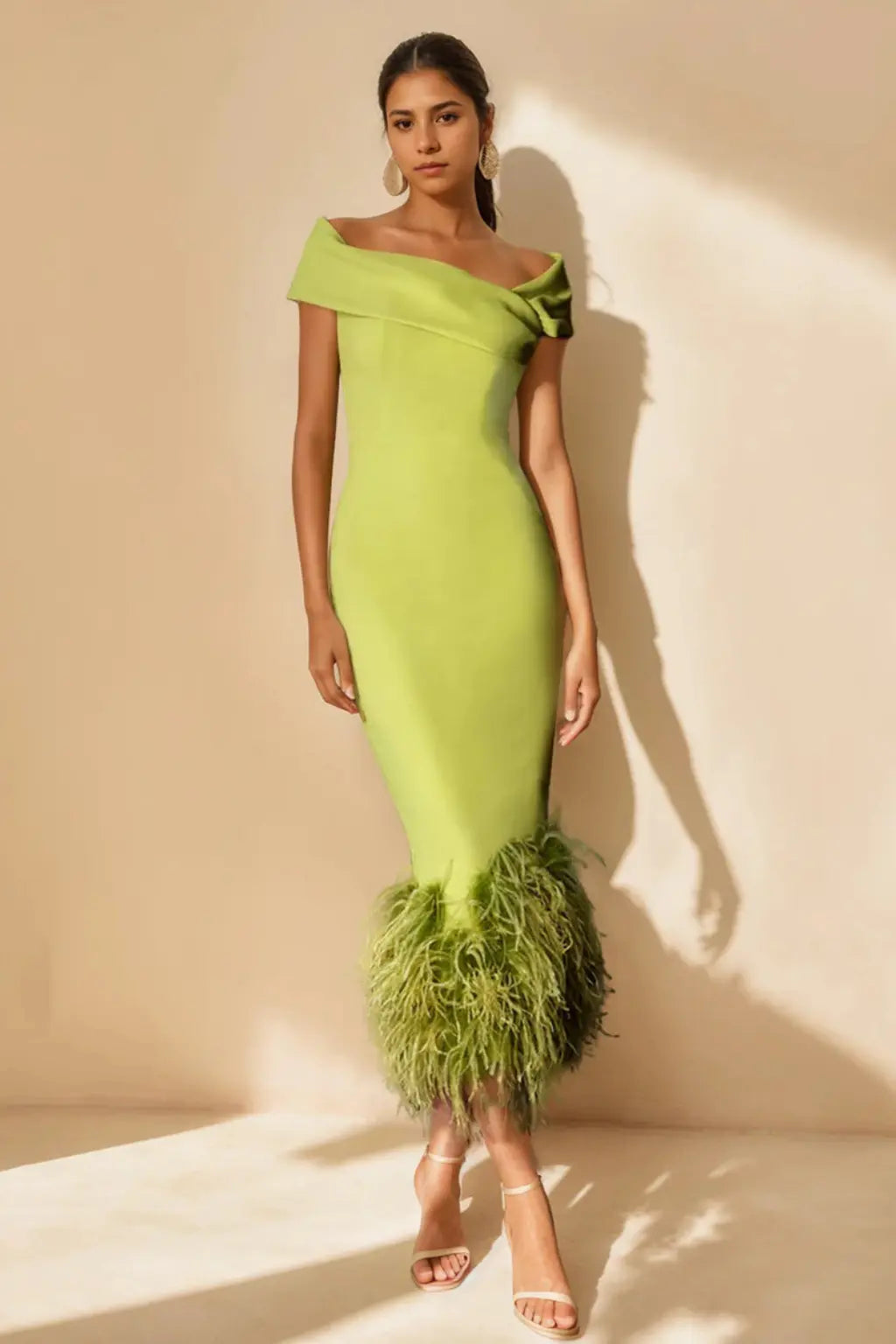 Verity | Women Off Shoulder Fitted Feather Hem Midi Wedding Guest Dress TARHUS  Mother of the Bride Dresses