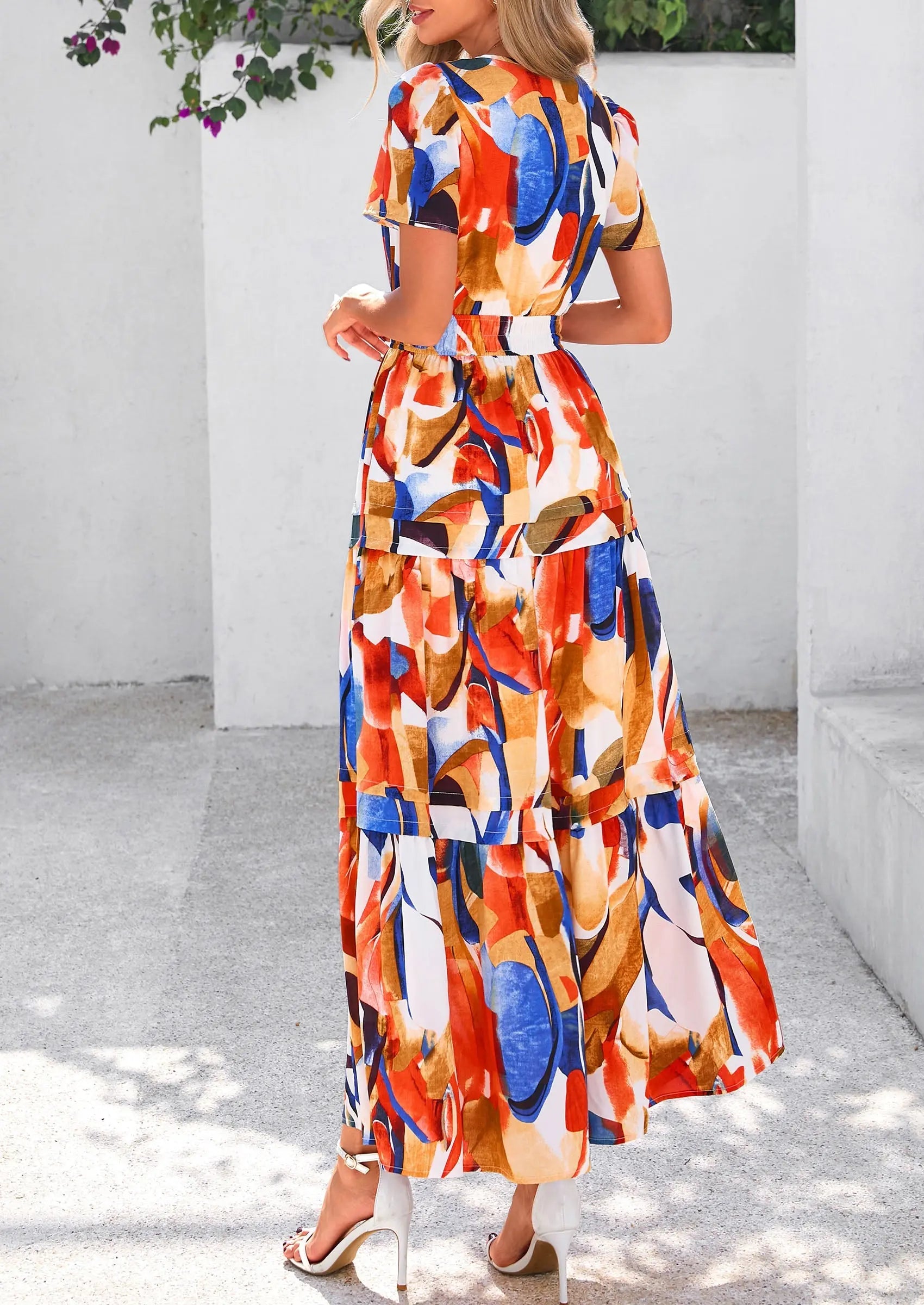 Boho Floral Short Sleeve V Neck A Line Tiered Ruffle Flowy Long Beach Vacation Maxi Dresses - TARHUS