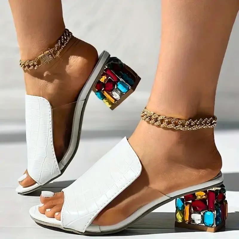 Gemure Crystal Block Heel Sandals - Chic Summer Sandals with Colorful Gem Heel - TARHUS