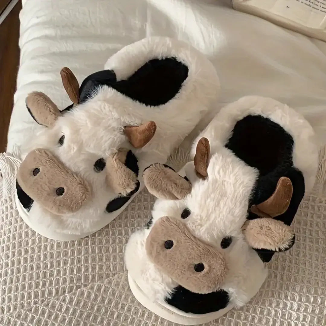 Fuzzy Cow Slippers – Soft Indoor Animal Slippers | Cozy Plush House Shoes - TARHUS