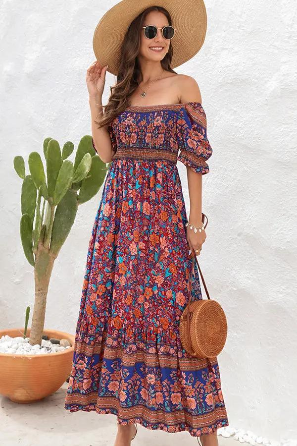Bohemia Printed Smocked Short Sleeve Maxi Dress - TARHUS