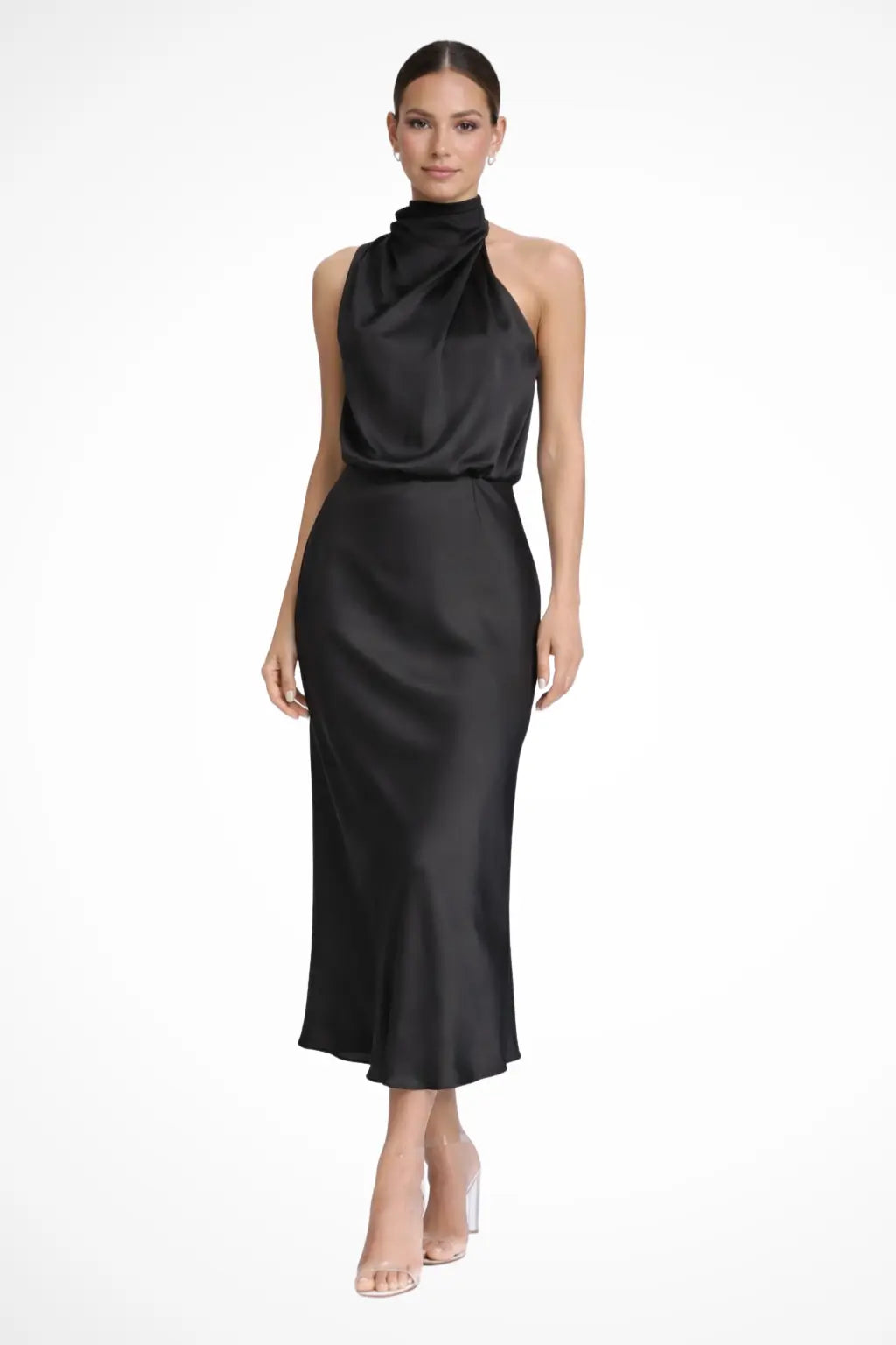 Amelina | Women Halter Neck Midi Dress Satin Wedding Guest Dress TARHUS