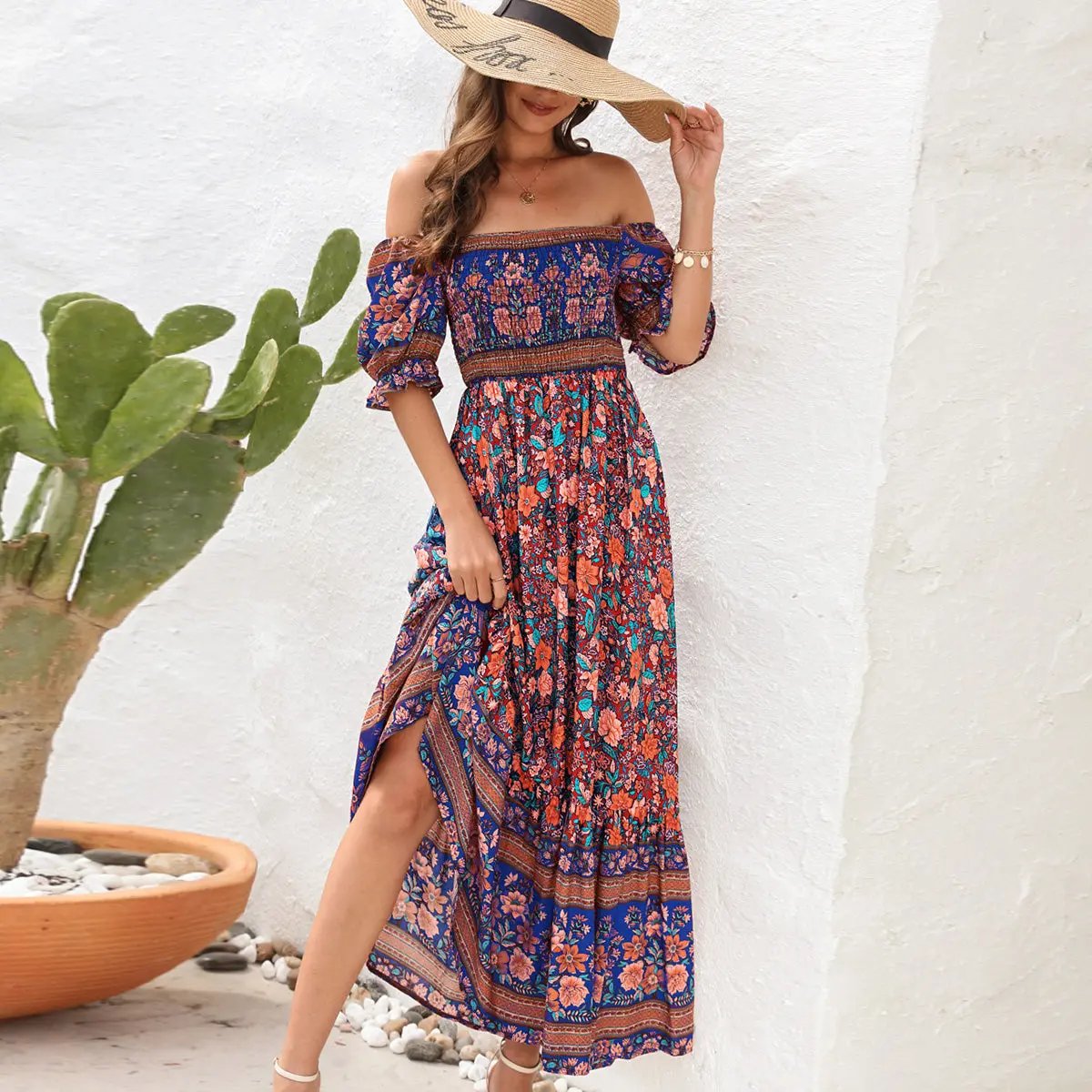 Bohemia Printed Smocked Short Sleeve Maxi Dress - TARHUS