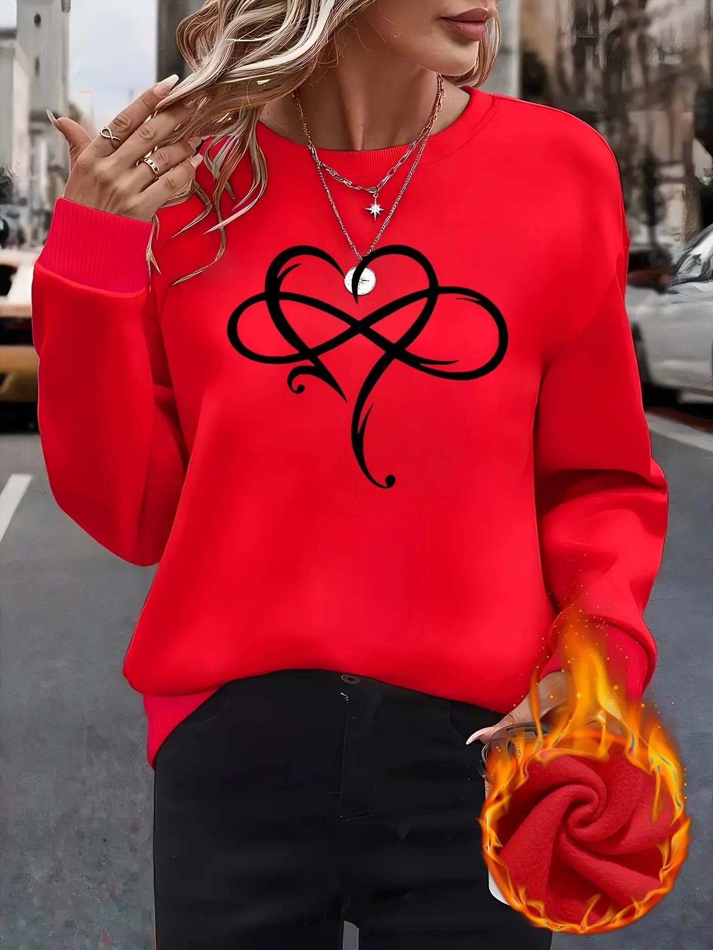 Women’s Fleece-Lined Heart Sweatshirt – Soft Crewneck Pullover for Lounging & All-Season Comfort - TARHUS