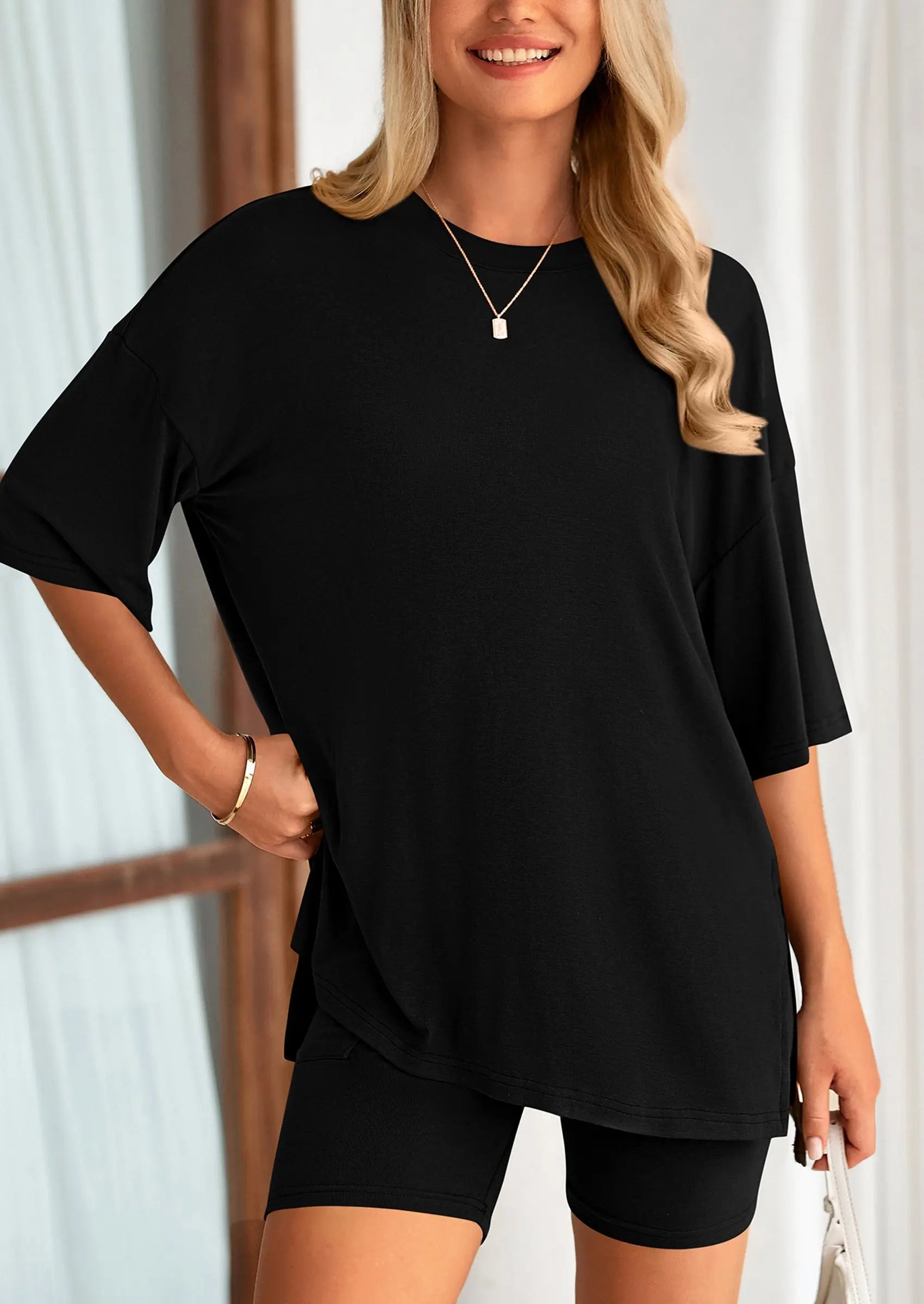 Casual Short Sleeved Round Neck Top Paired With Shorts Two-Piece Set - TARHUS