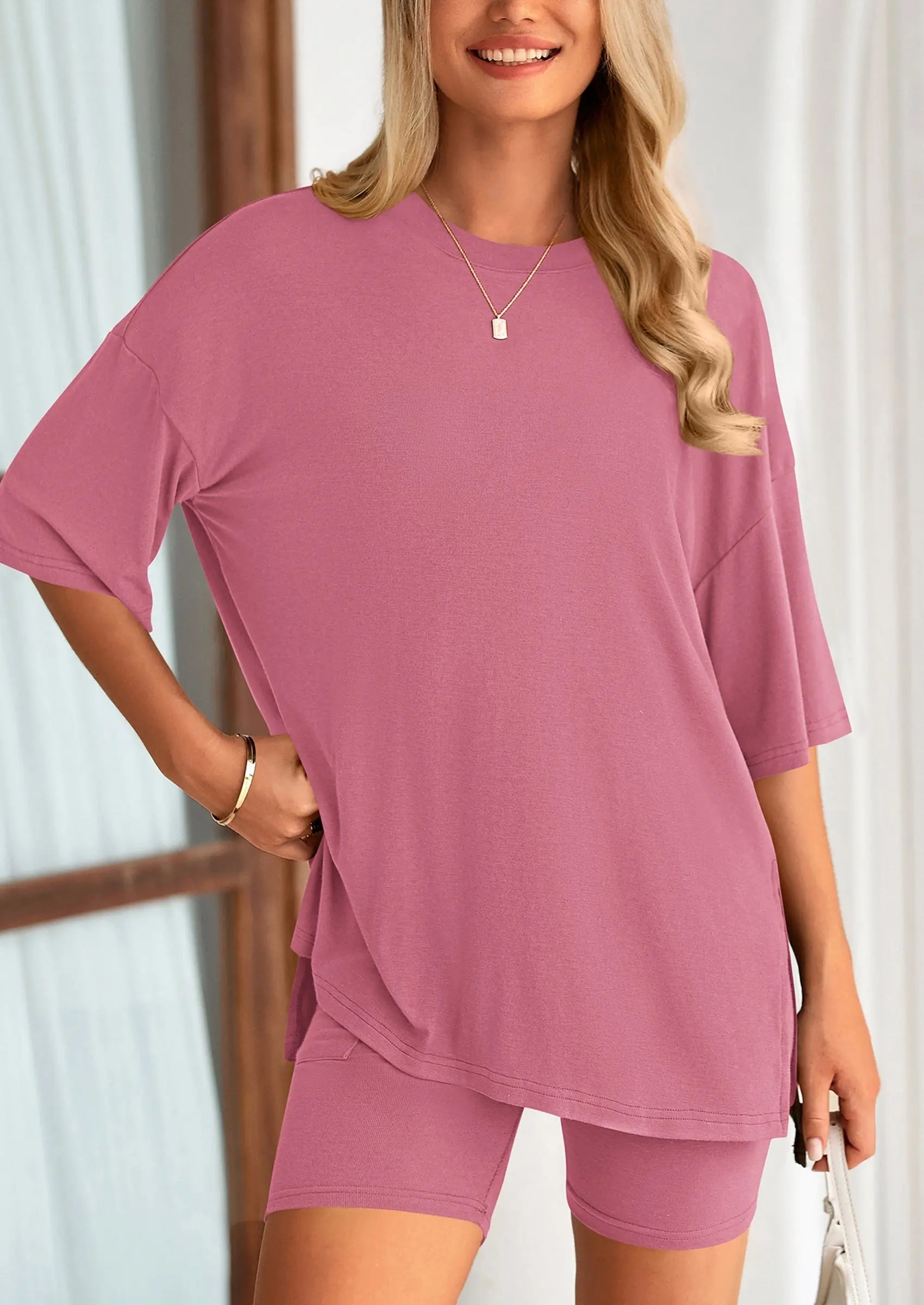 Casual Short Sleeved Round Neck Top Paired With Shorts Two-Piece Set - TARHUS