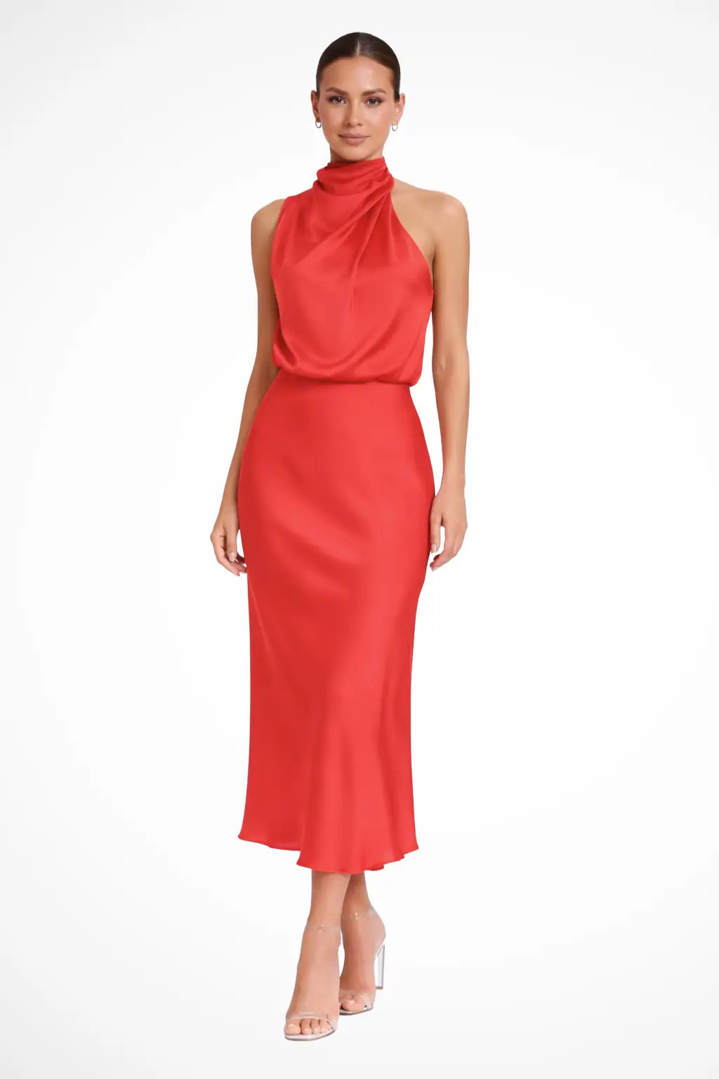 Amelina | Women Halter Neck Midi Dress Satin Wedding Guest Dress TARHUS