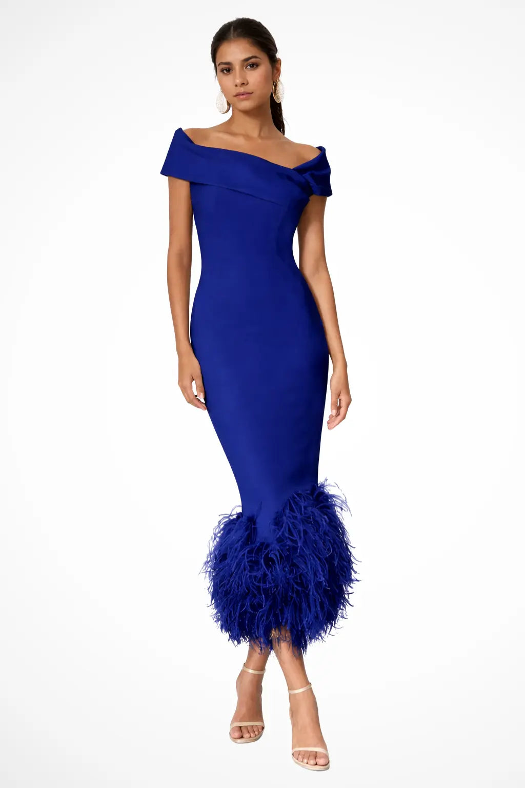 Verity | Women Off Shoulder Fitted Feather Hem Midi Wedding Guest Dress TARHUS  Mother of the Bride Dresses
