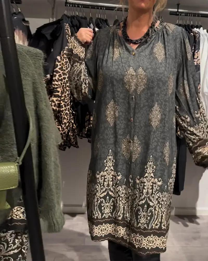 Vintage Print Shirt Dress – Long Lantern Sleeves, Lapel Collar & Button Front TARHUS  Dresses