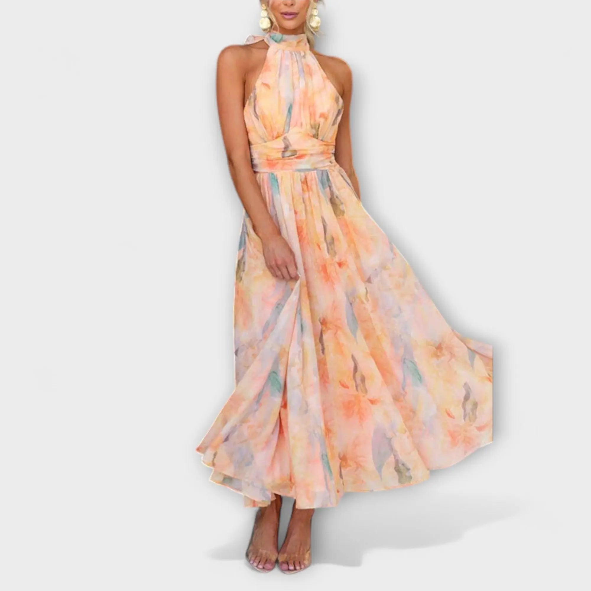 Neck Open Back Waist Watercolour Print Maxi Dress - TARHUS