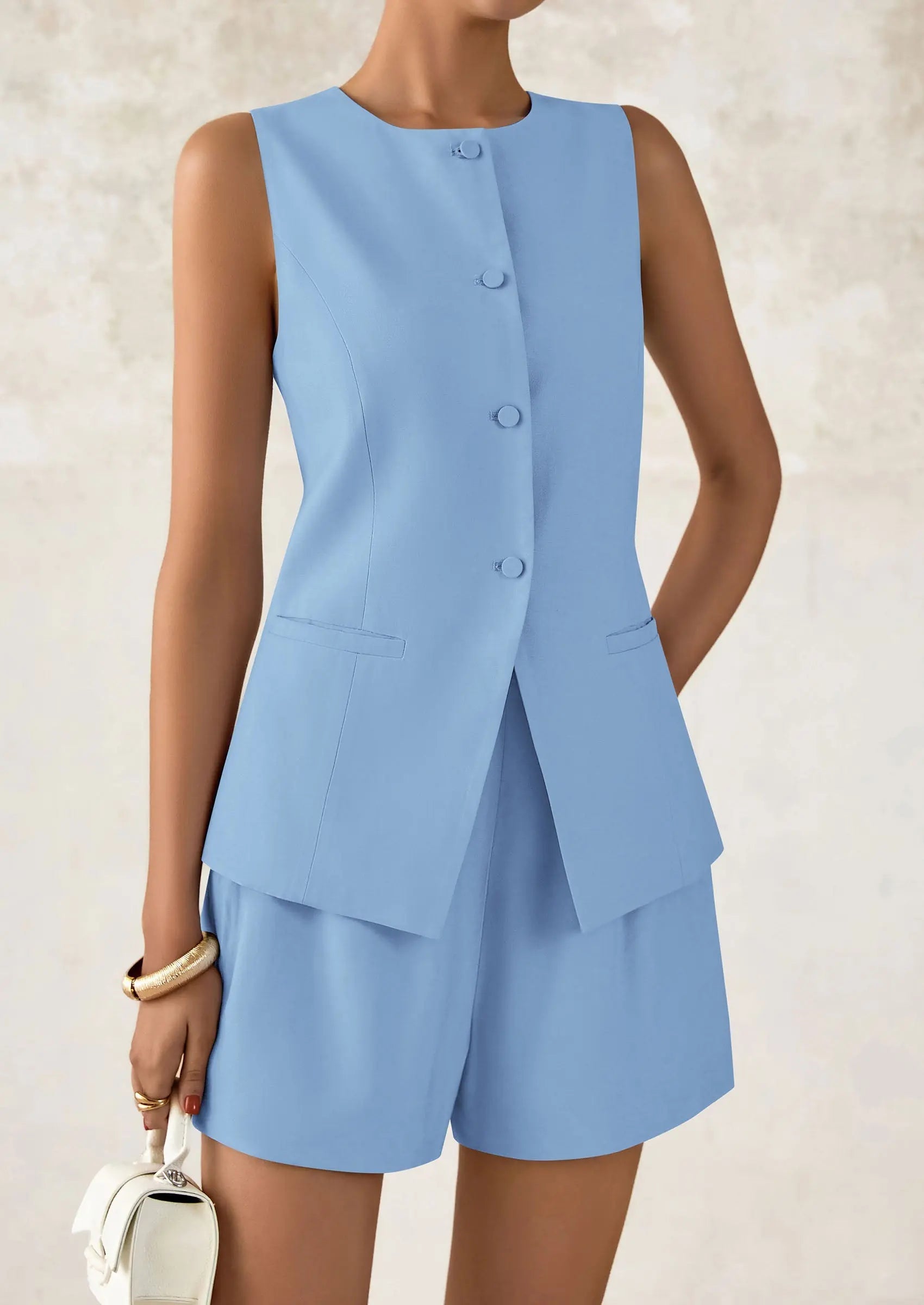 Casual Trendy Button Down Vest Tops High Waisted Shorts Business Two Piece Sets - TARHUS