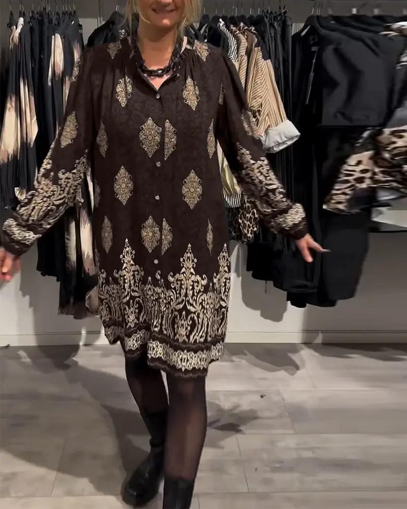 Vintage Print Shirt Dress – Long Lantern Sleeves, Lapel Collar & Button Front TARHUS  Dresses