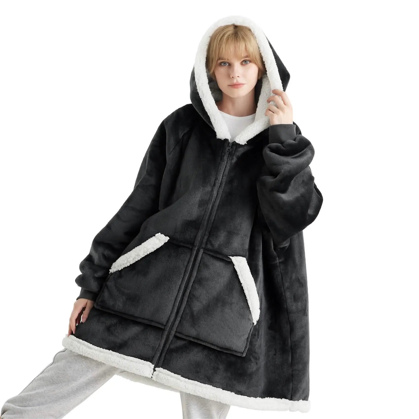 Sherpa Fleece Zippered Short Wearable Blanket Hoodie - TARHUS