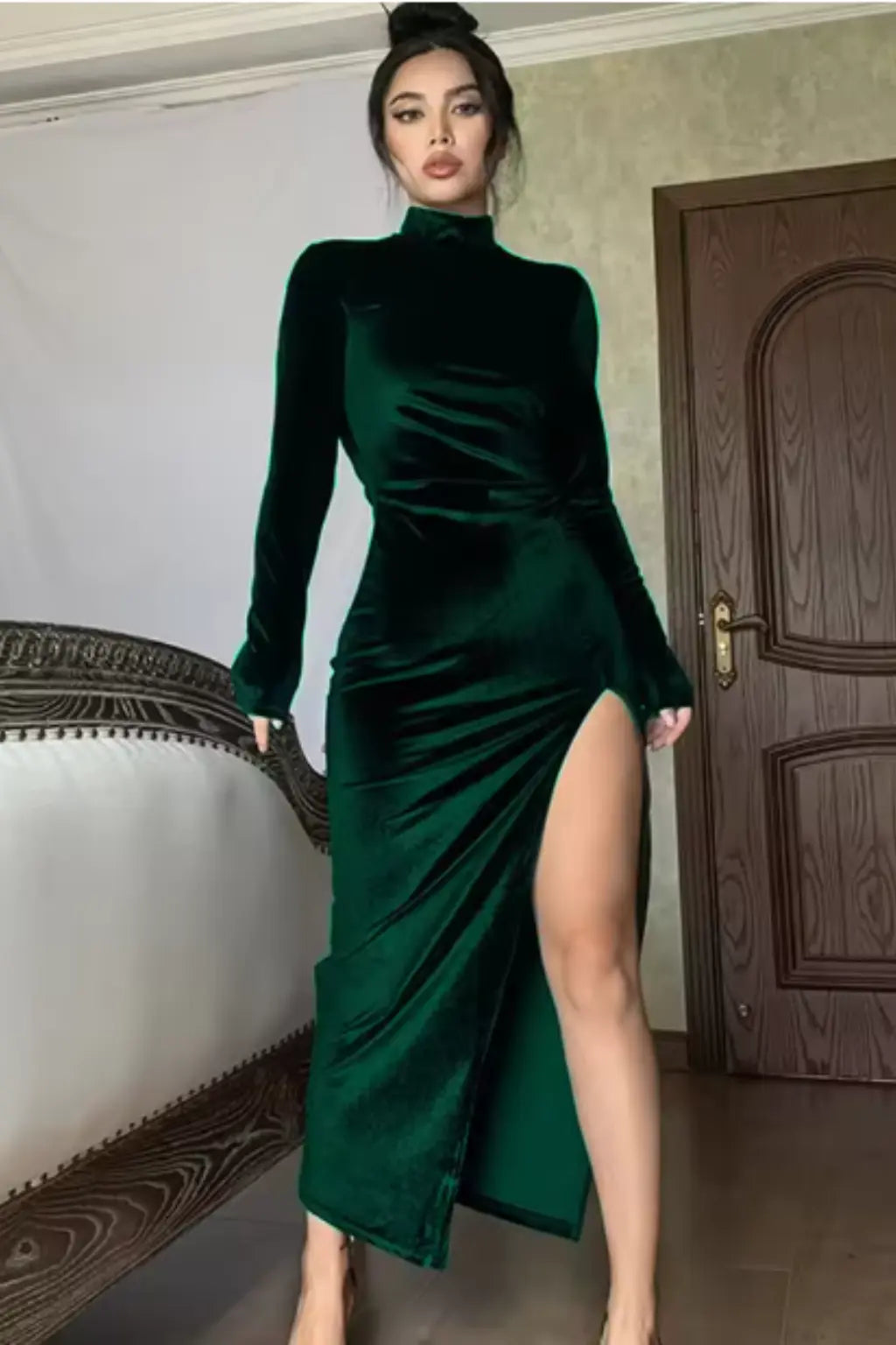 Nyra | Women Long Sleeve Ruched Maxi Occasion Summer Dress with Side Slit TARHUS  Maxi Dresses