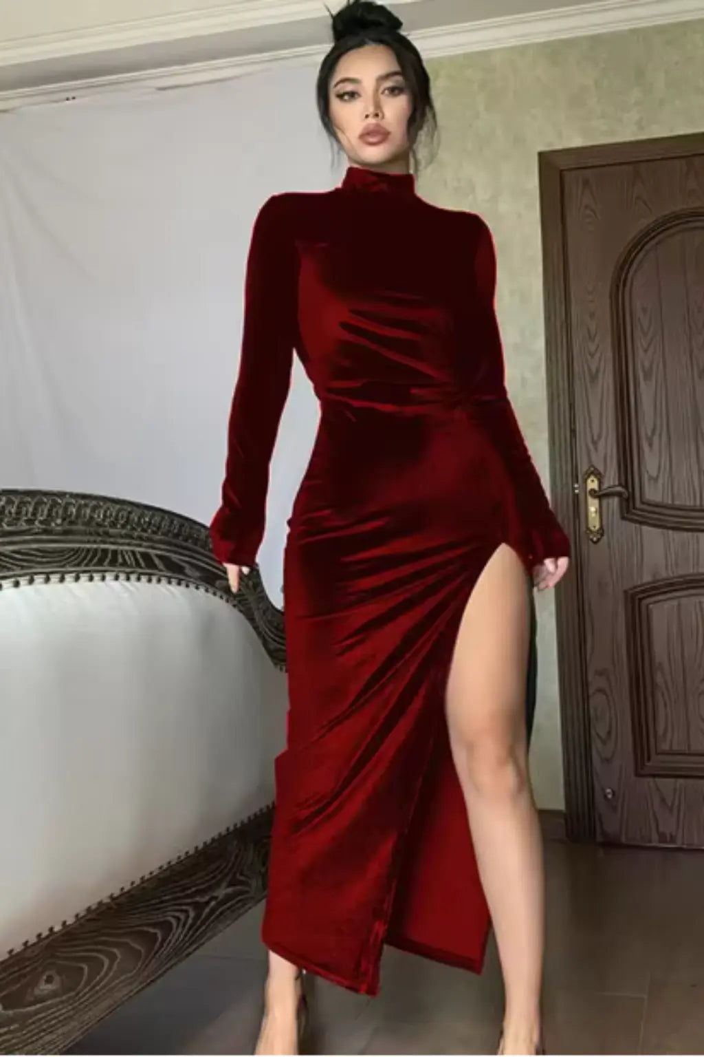 Nyra | Women Long Sleeve Ruched Maxi Occasion Summer Dress with Side Slit TARHUS  Maxi Dresses