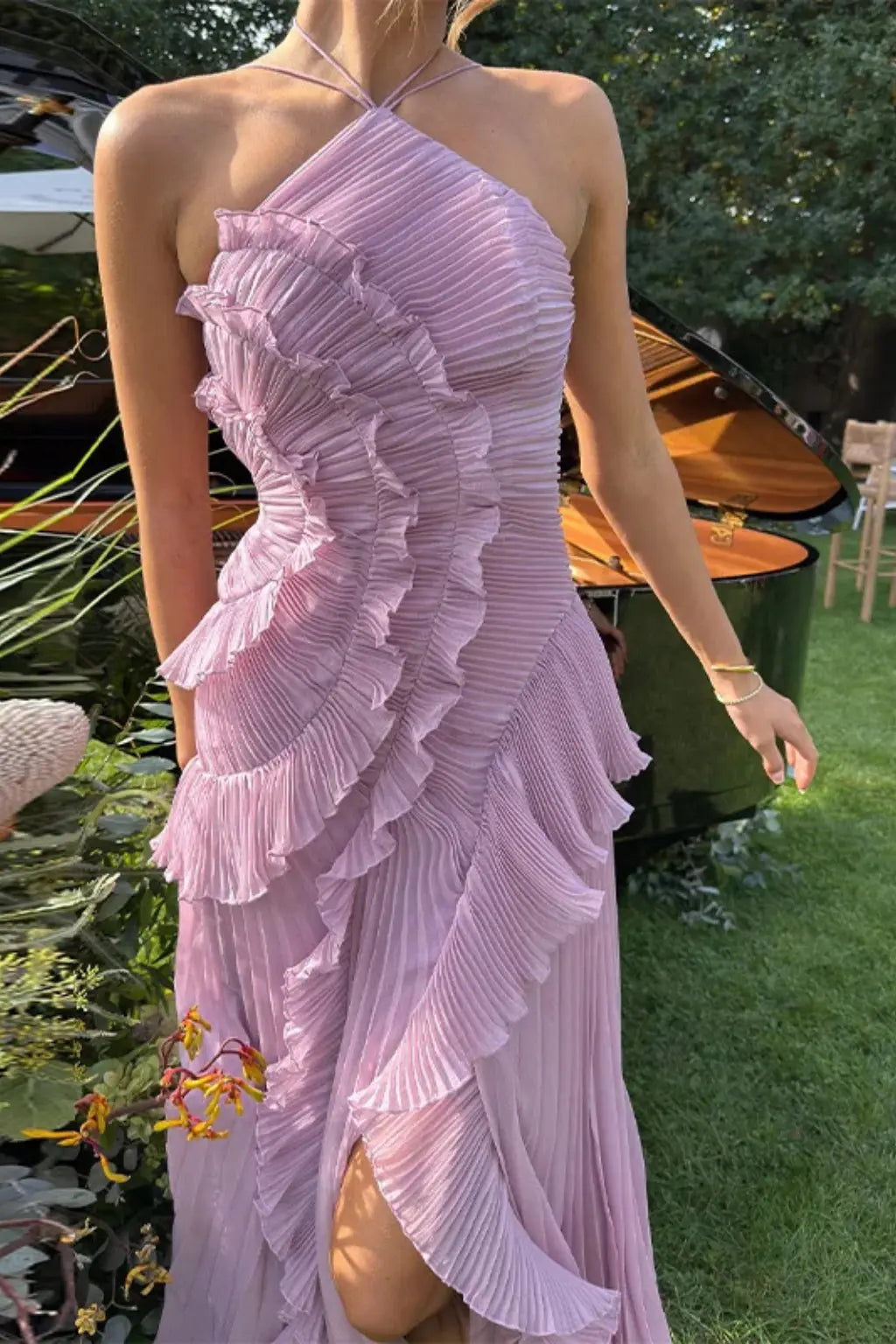 Imogen | Women’s Sleeveless Halter Backless Ruffled Maxi Summer Wedding Guest Dress TARHUS