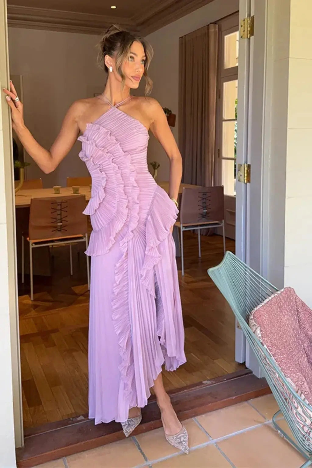 Imogen | Women’s Sleeveless Halter Backless Ruffled Maxi Summer Wedding Guest Dress TARHUS