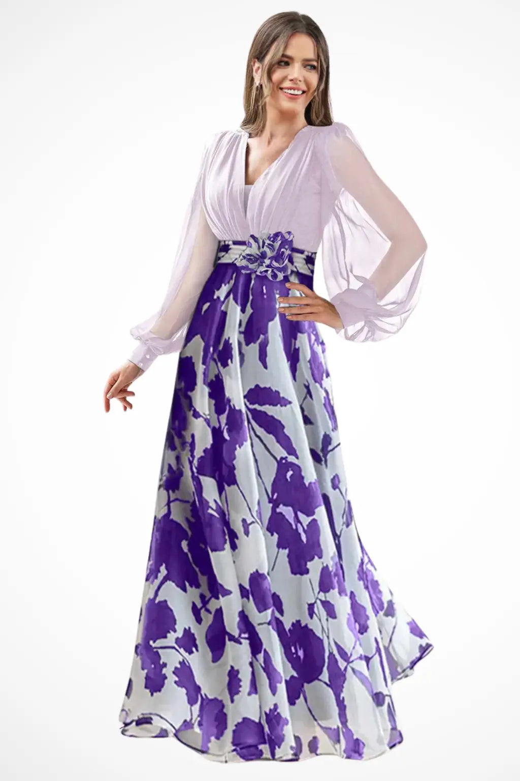 Valentina | Women V Neck Balloon Sleeve Floral Print Maxi Wedding Guest Dress TARHUS  Mother of the Bride Dresses