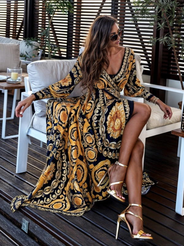 Elegant Bohemian Maxi Dress with Golden Print and High Slit TARHUS  Maxi Dresses (Women)