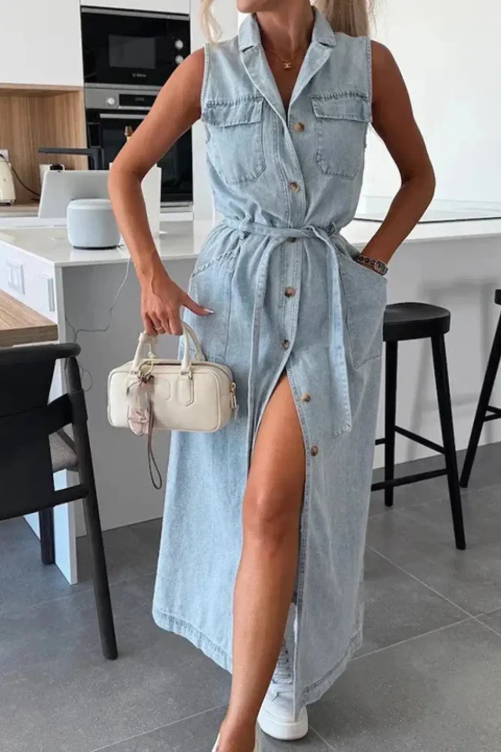 Lottie | Women Sleeveless Belted Button Down Denim Maxi Dress with Split TARHUS