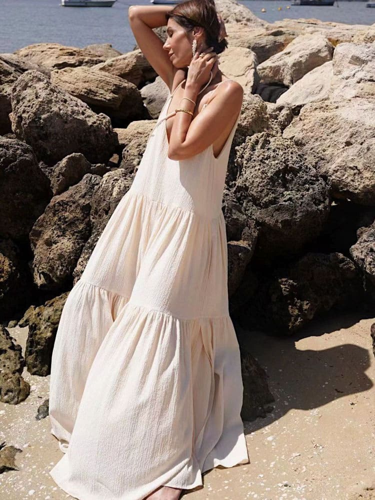 Women's Sleeveless V-Neck Tiered Maxi Dress - Adjustable Straps TARHUS  Dresses