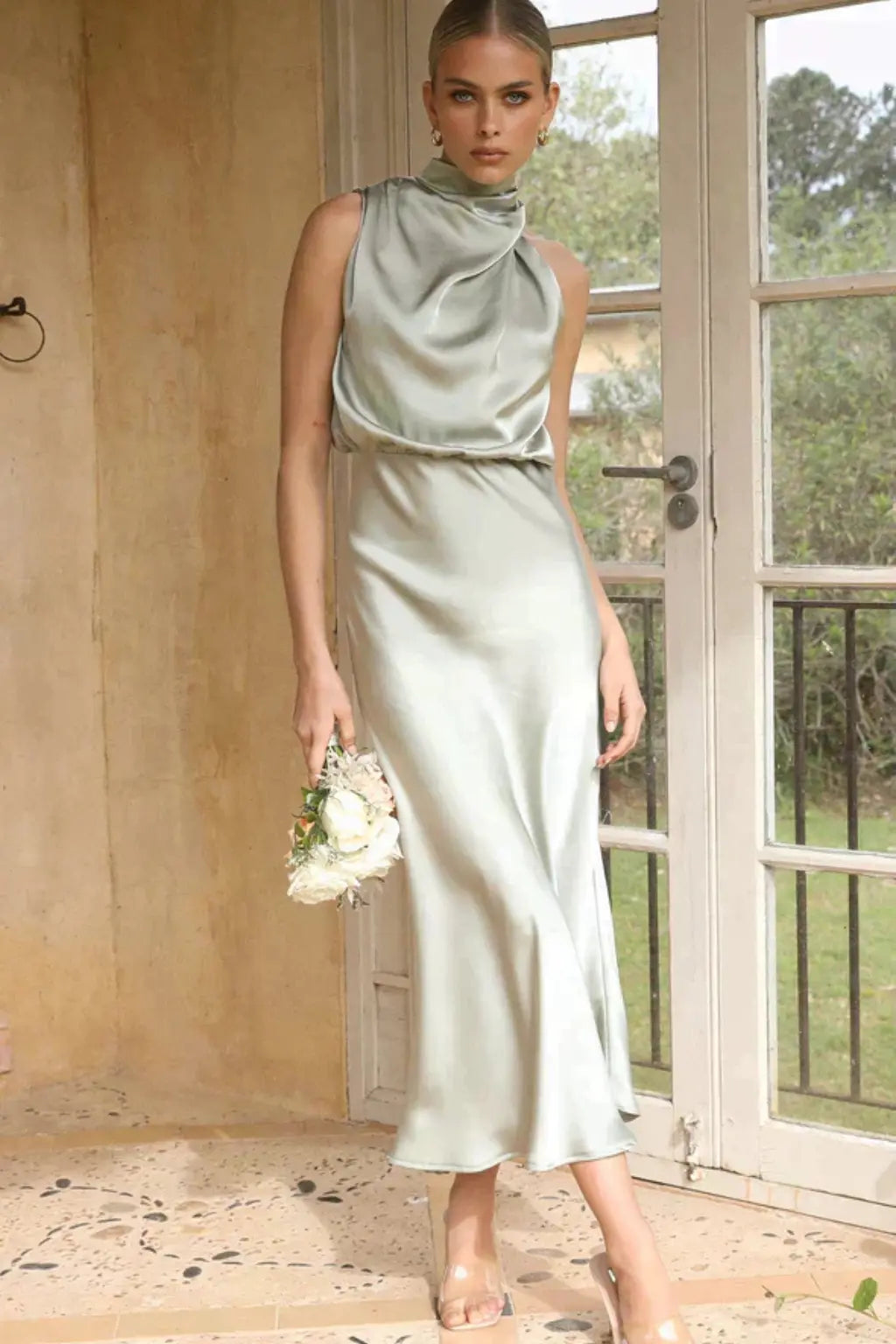 Amelina | Women Halter Neck Midi Dress Satin Wedding Guest Dress TARHUS