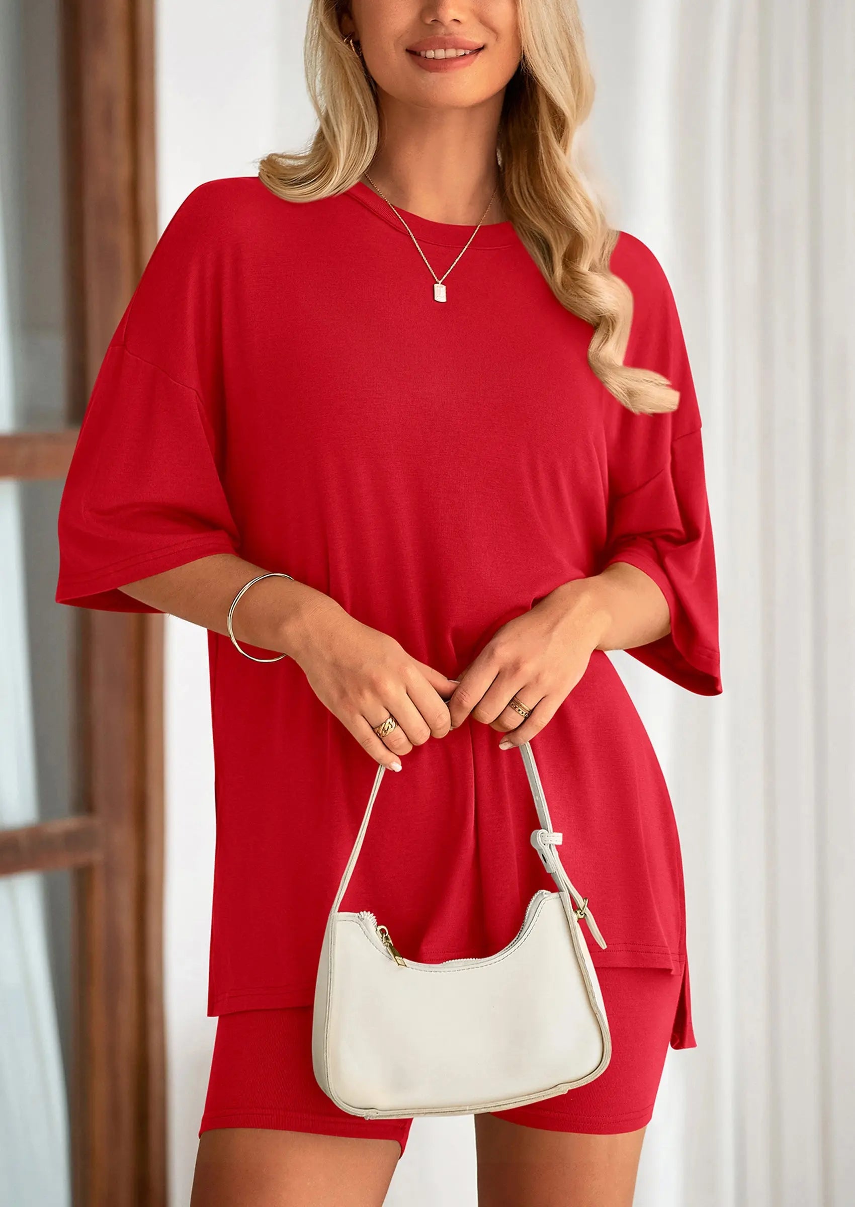 Casual Short Sleeved Round Neck Top Paired With Shorts Two-Piece Set - TARHUS