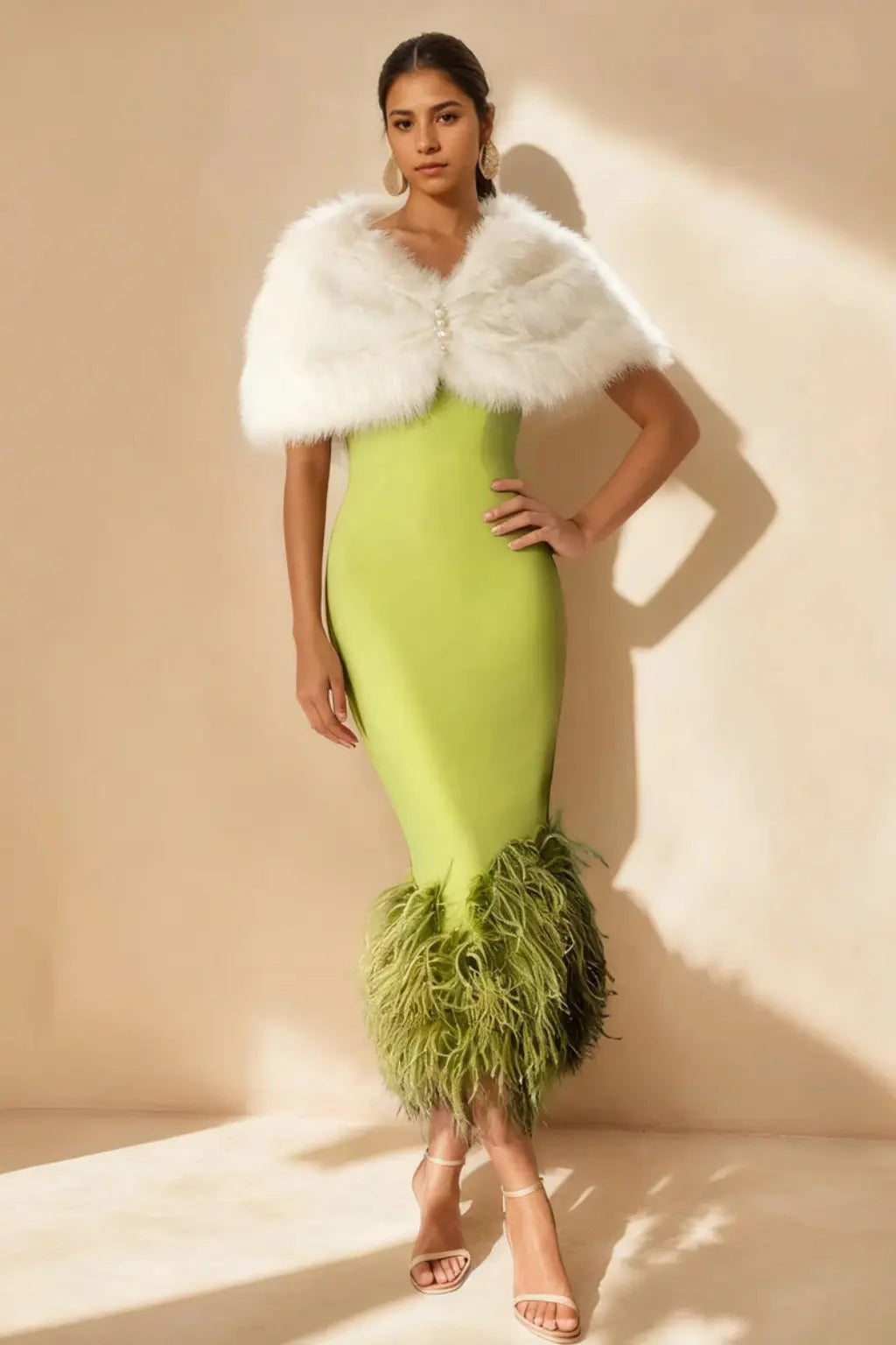 Verity | Women Off Shoulder Fitted Feather Hem Midi Wedding Guest Dress TARHUS  Mother of the Bride Dresses