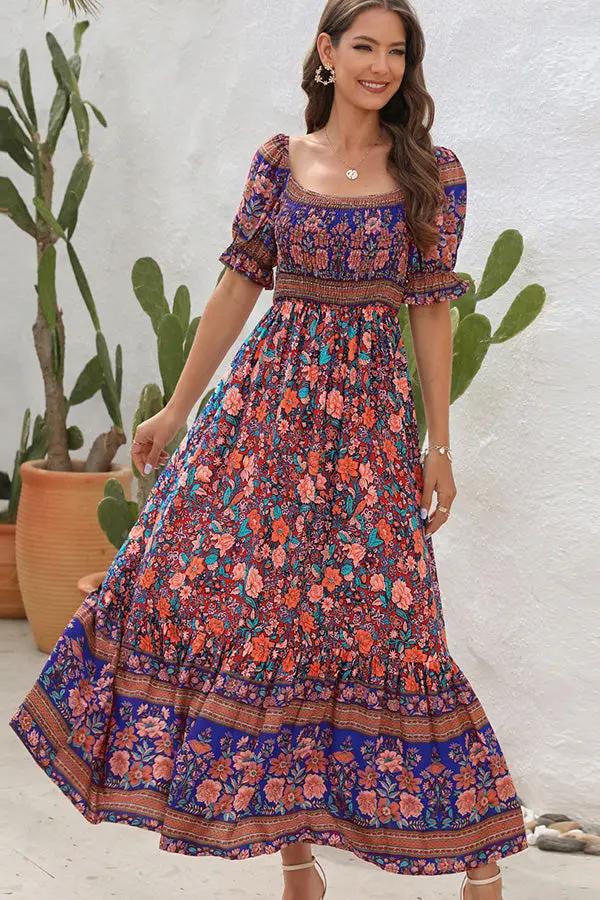 Bohemia Printed Smocked Short Sleeve Maxi Dress - TARHUS