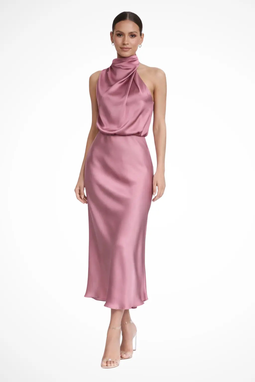 Amelina | Women Halter Neck Midi Dress Satin Wedding Guest Dress TARHUS