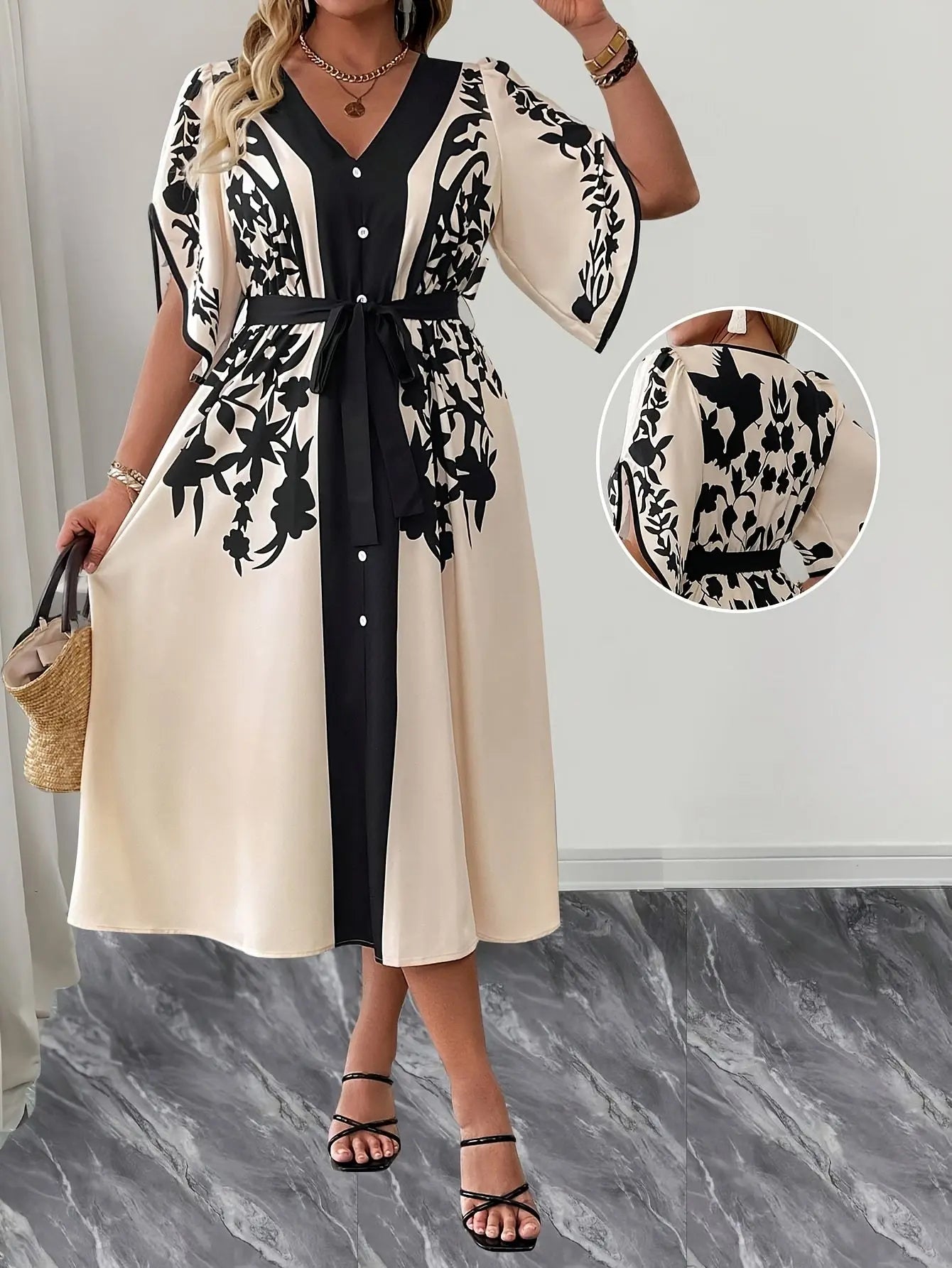 Floral Resort Dress for Women – Chic Summer Midi Dress with Tie-Belt Waist, Lightweight Vacation Outfit - TARHUS