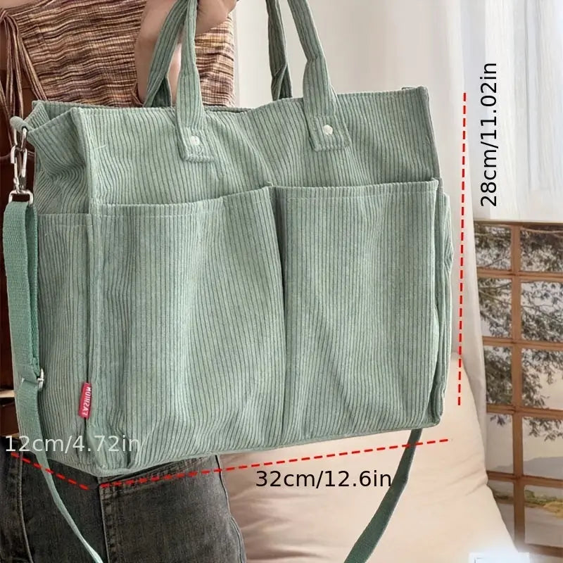 Corduroy Tote Bag for Women with Multi-Pockets – Casual Shoulder & Crossbody Handbag - TARHUS