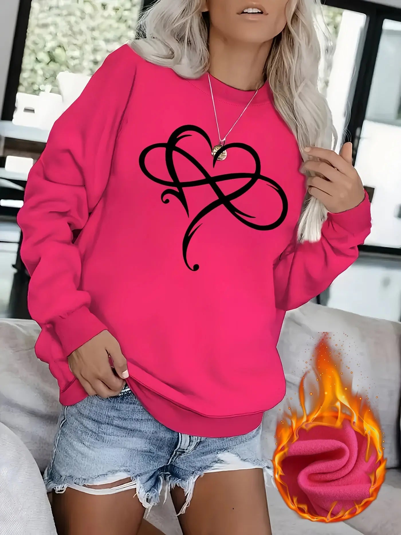 Women’s Fleece-Lined Heart Sweatshirt – Soft Crewneck Pullover for Lounging & All-Season Comfort - TARHUS