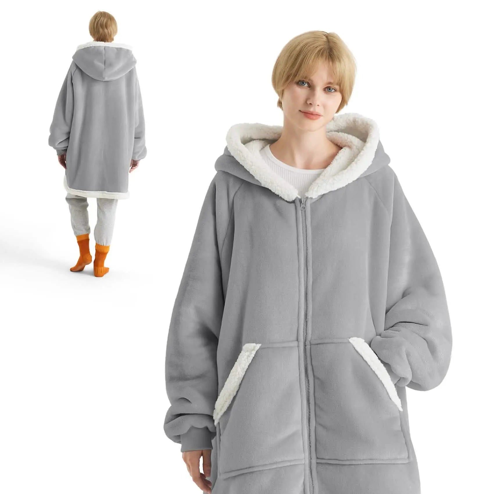 Sherpa Fleece Zippered Short Wearable Blanket Hoodie - TARHUS