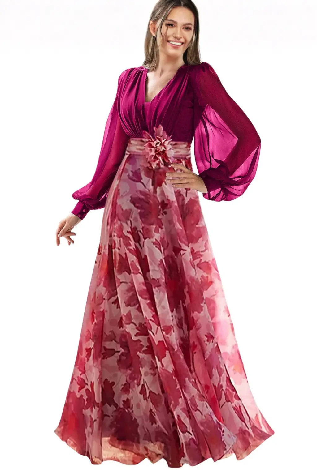 Valentina | Women V Neck Balloon Sleeve Floral Print Maxi Wedding Guest Dress TARHUS  Mother of the Bride Dresses