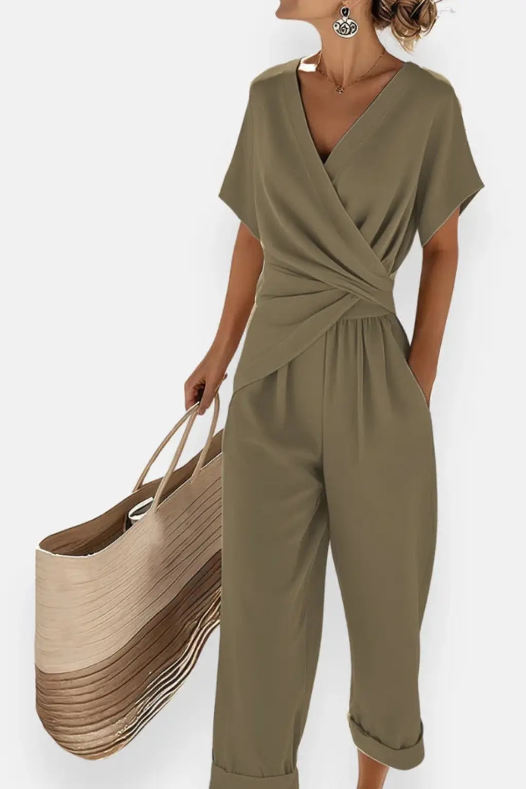 Celeste | Women Wrap Front Short Sleeve Cropped Jumpsuit with Pockets TARHUS  Kleider & Jumpsuits