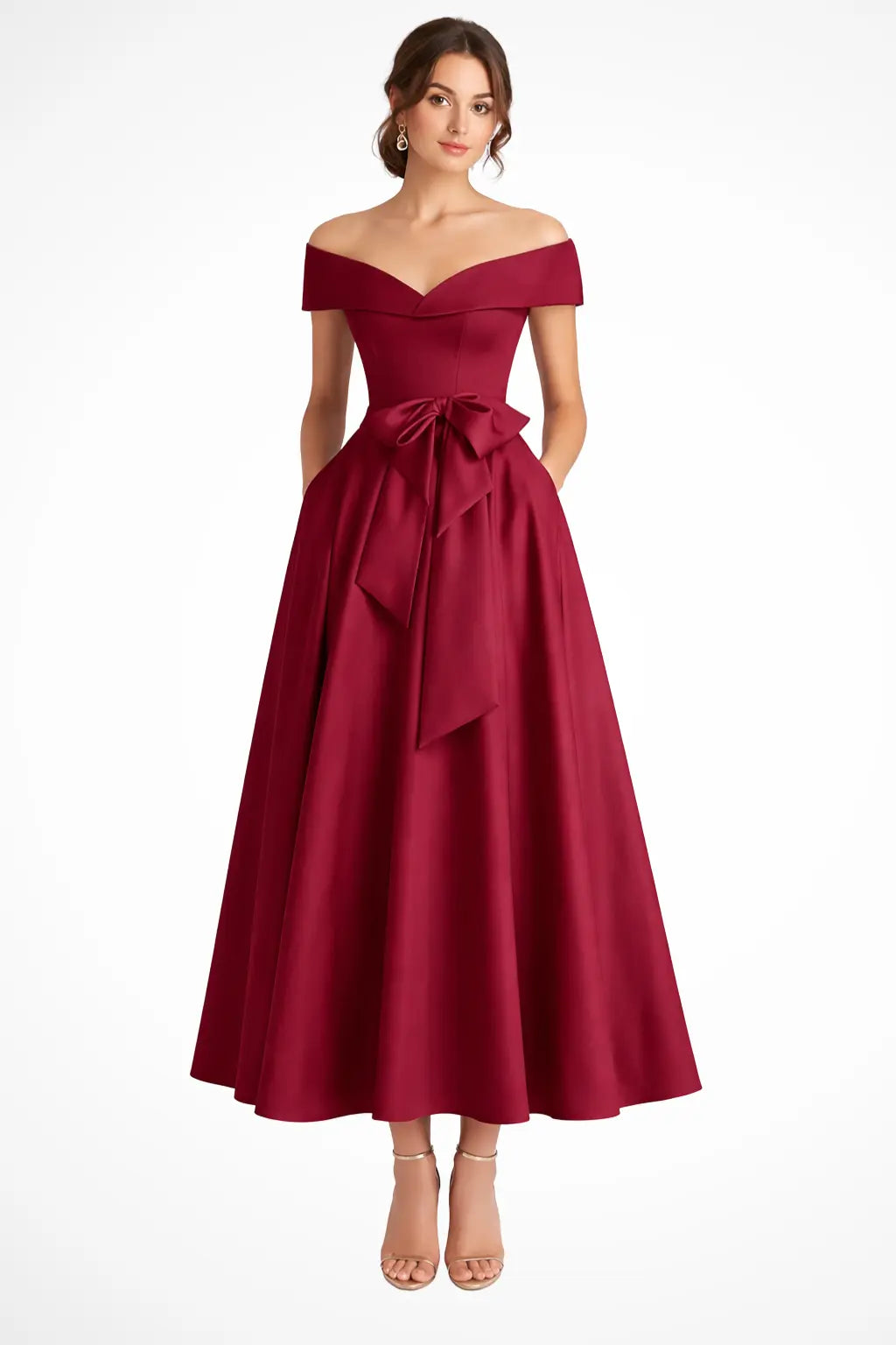 Arabella | Women Off Shoulder Bow Waist A Line Midi Wedding Guest Dress TARHUS  Mother of the Bride Dresses