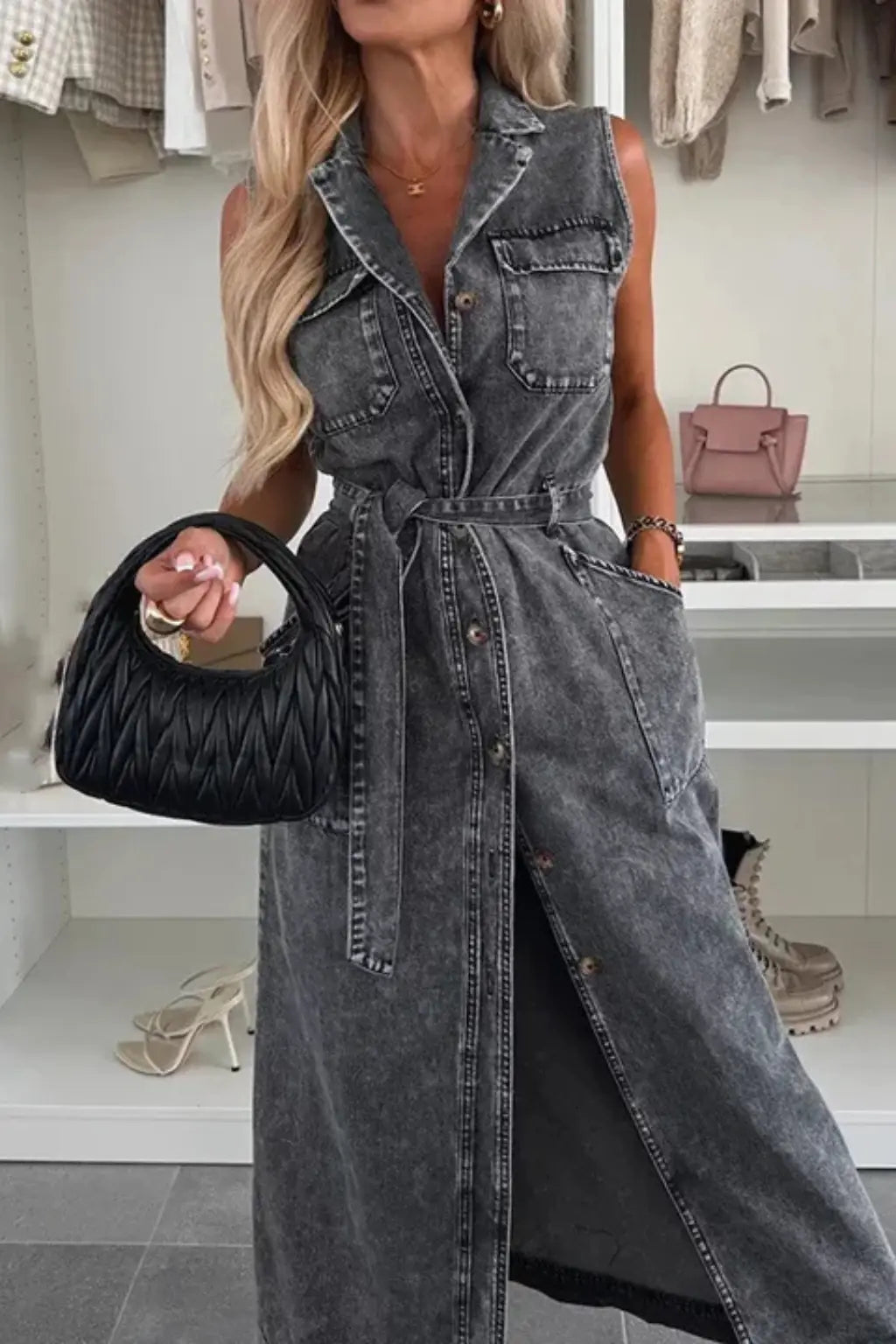 Lottie | Women Sleeveless Belted Button Down Denim Maxi Dress with Split TARHUS