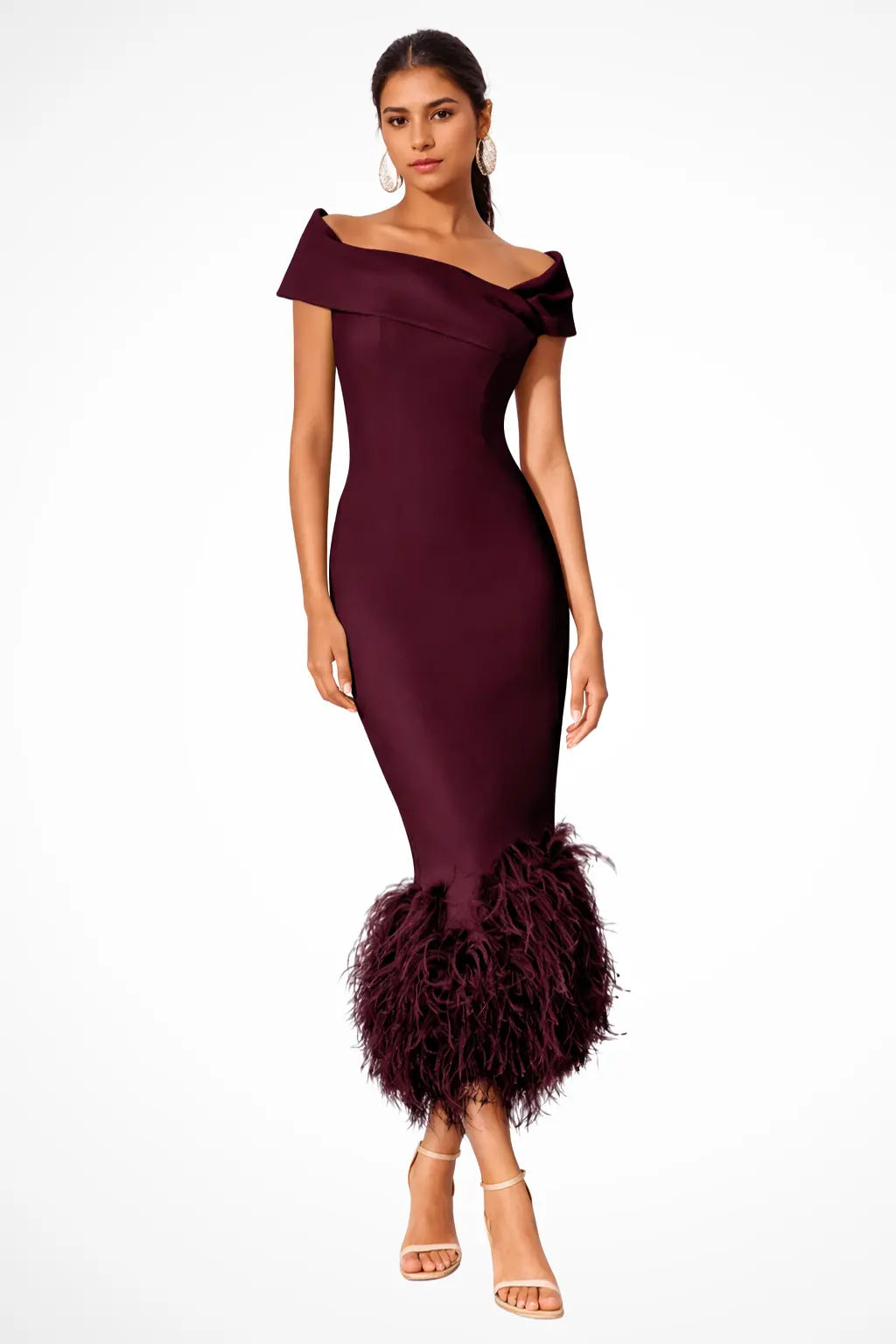 Verity | Women Off Shoulder Fitted Feather Hem Midi Wedding Guest Dress TARHUS  Mother of the Bride Dresses