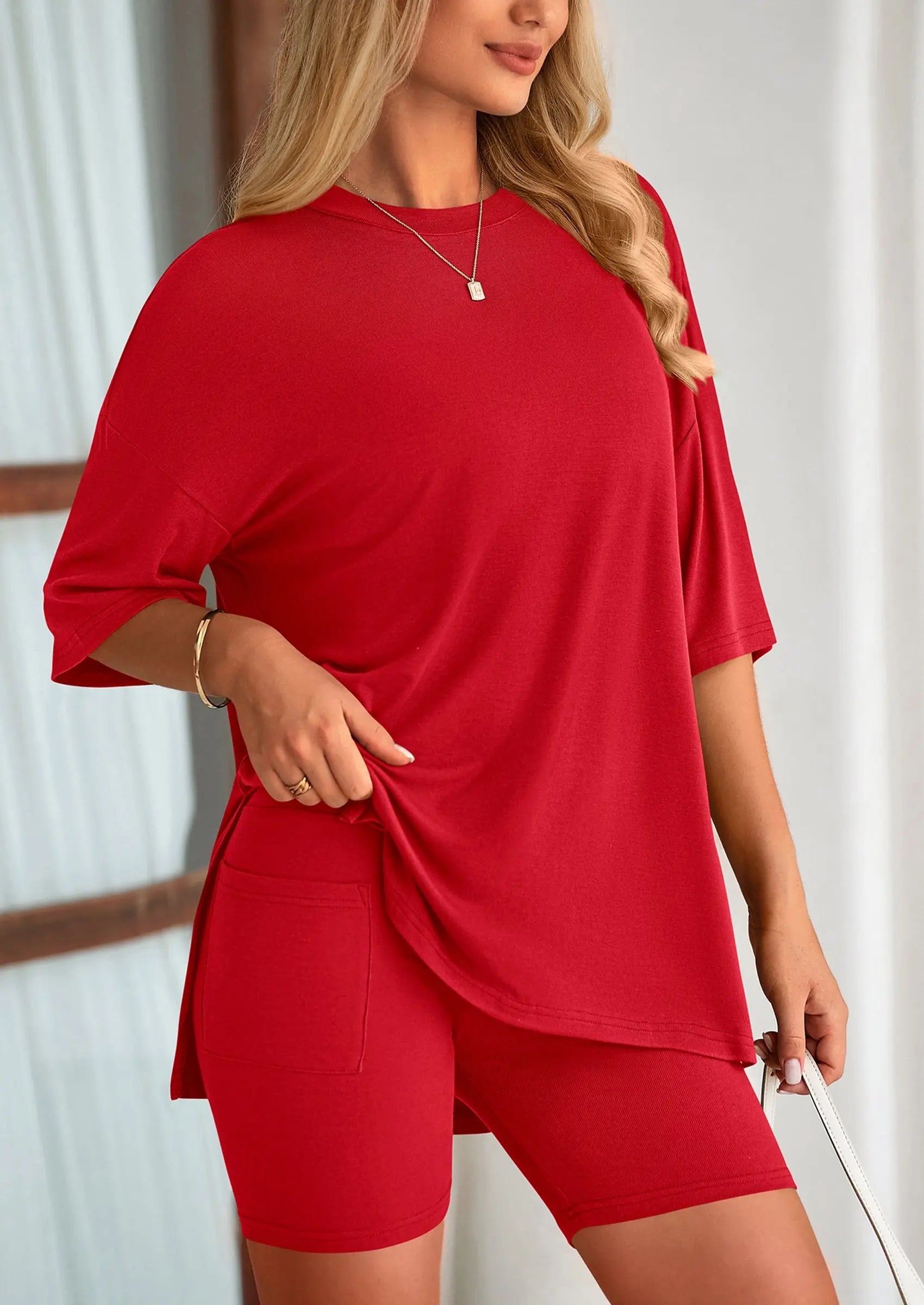Casual Short Sleeved Round Neck Top Paired With Shorts Two-Piece Set - TARHUS