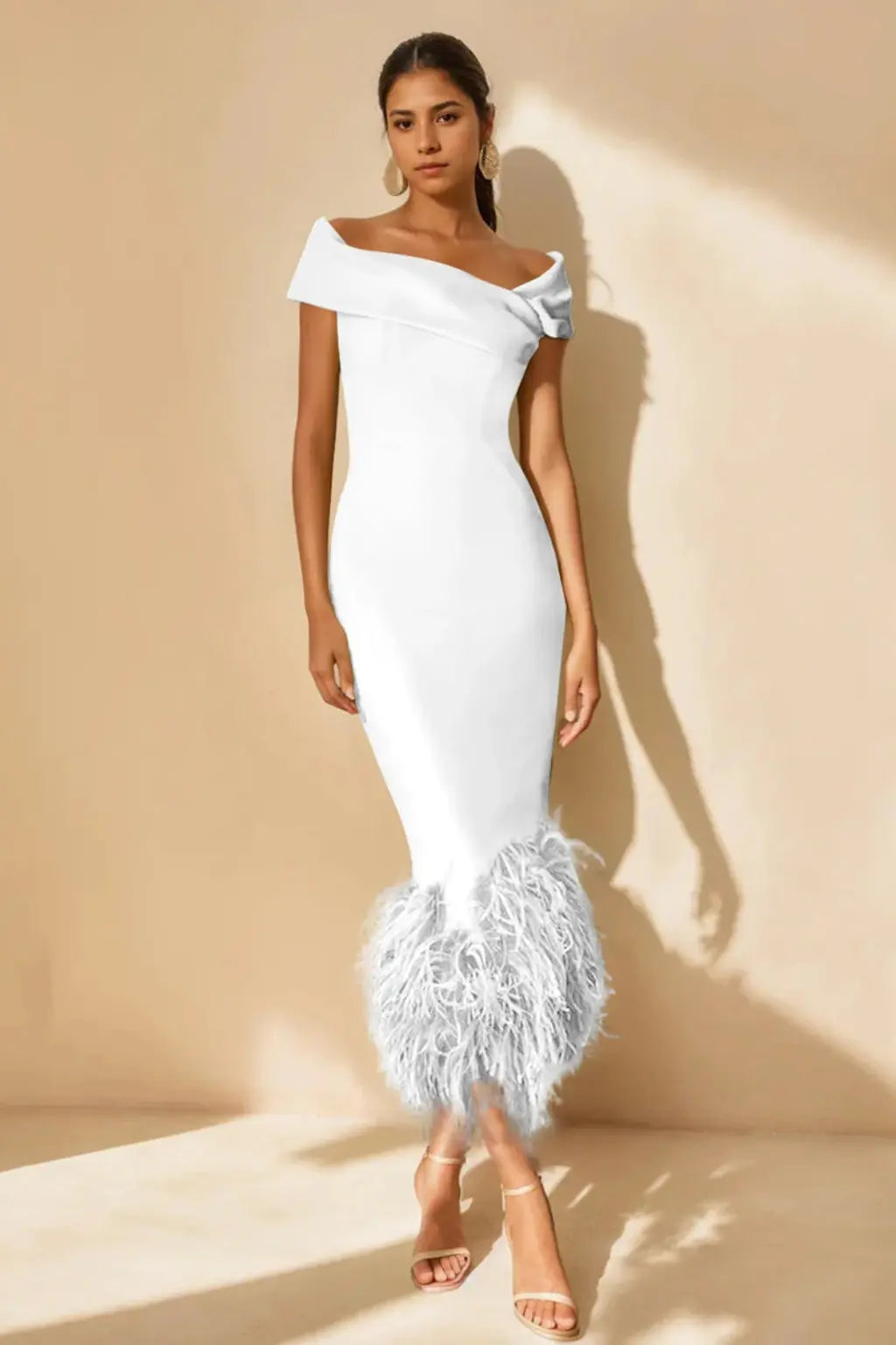 Verity | Women Off Shoulder Fitted Feather Hem Midi Wedding Guest Dress TARHUS  Mother of the Bride Dresses