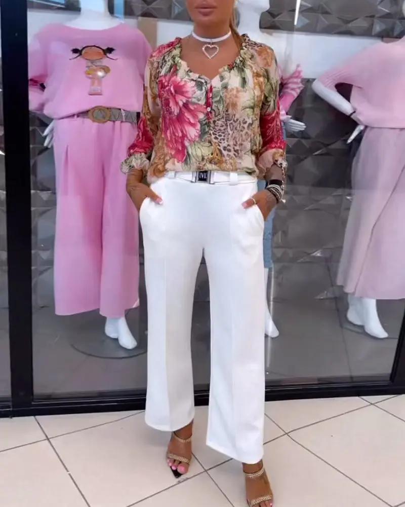 Selina | Floral Print V-Neck Blouse – Long Sleeve Cotton Blend Shirt Top for Women TARHUS  Blouses & Shirts