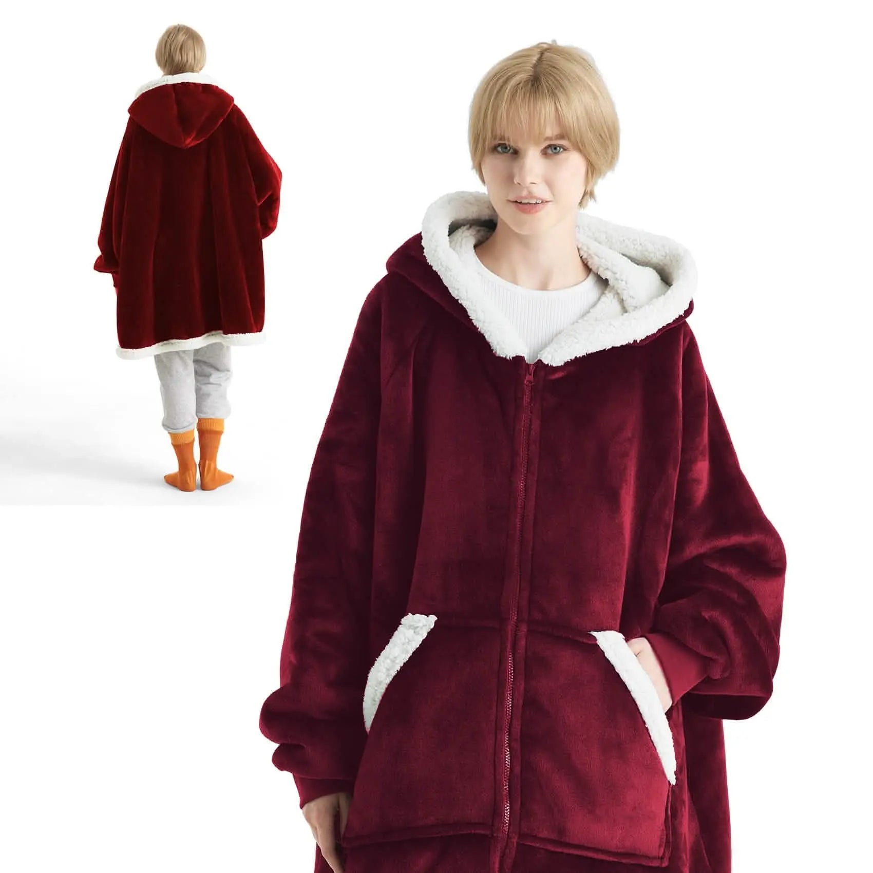 Sherpa Fleece Zippered Short Wearable Blanket Hoodie - TARHUS